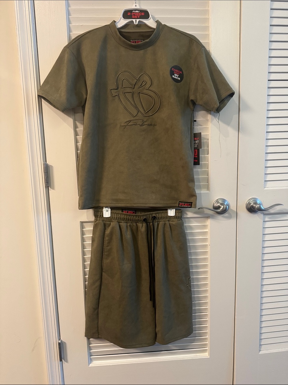 FUBU Olive Green Suede-like 2-piece set,t-shirt with an embossed logo/w Shorts.